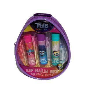 DreamWorks Trolls World Tour Lip Balm 3 Pack with Zippered Case New